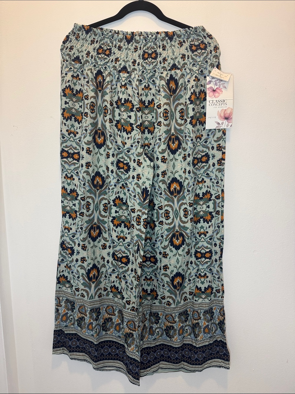 Sage Green Floral Paisley Pants with Smocked Waistband